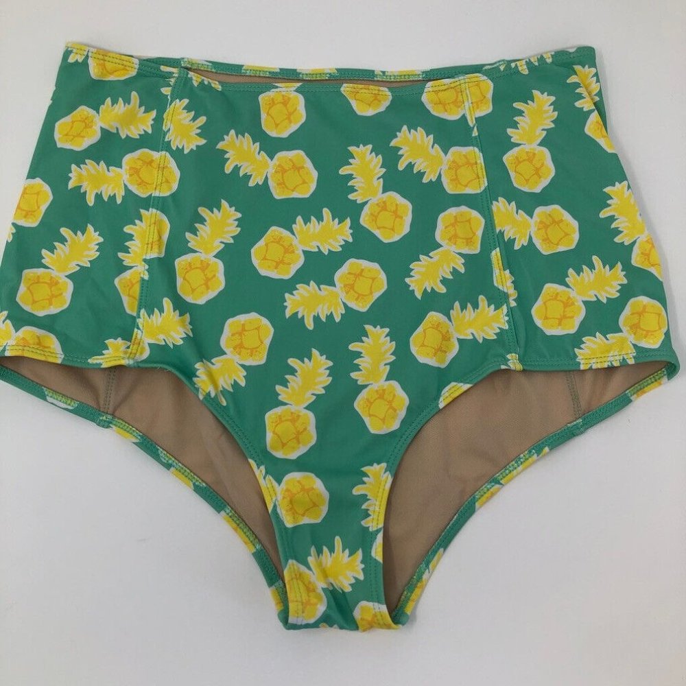 Kortni Jeane Green Pineapple Print High Waist Swim Bikini Bottoms Size L